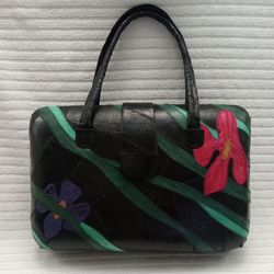 VINTAGE Handbag, Genuine Frogskin Leather, Dual Handle, Hard Shell: Black w/ Green, Pink & Purple Floral Accents, Excellent Condition