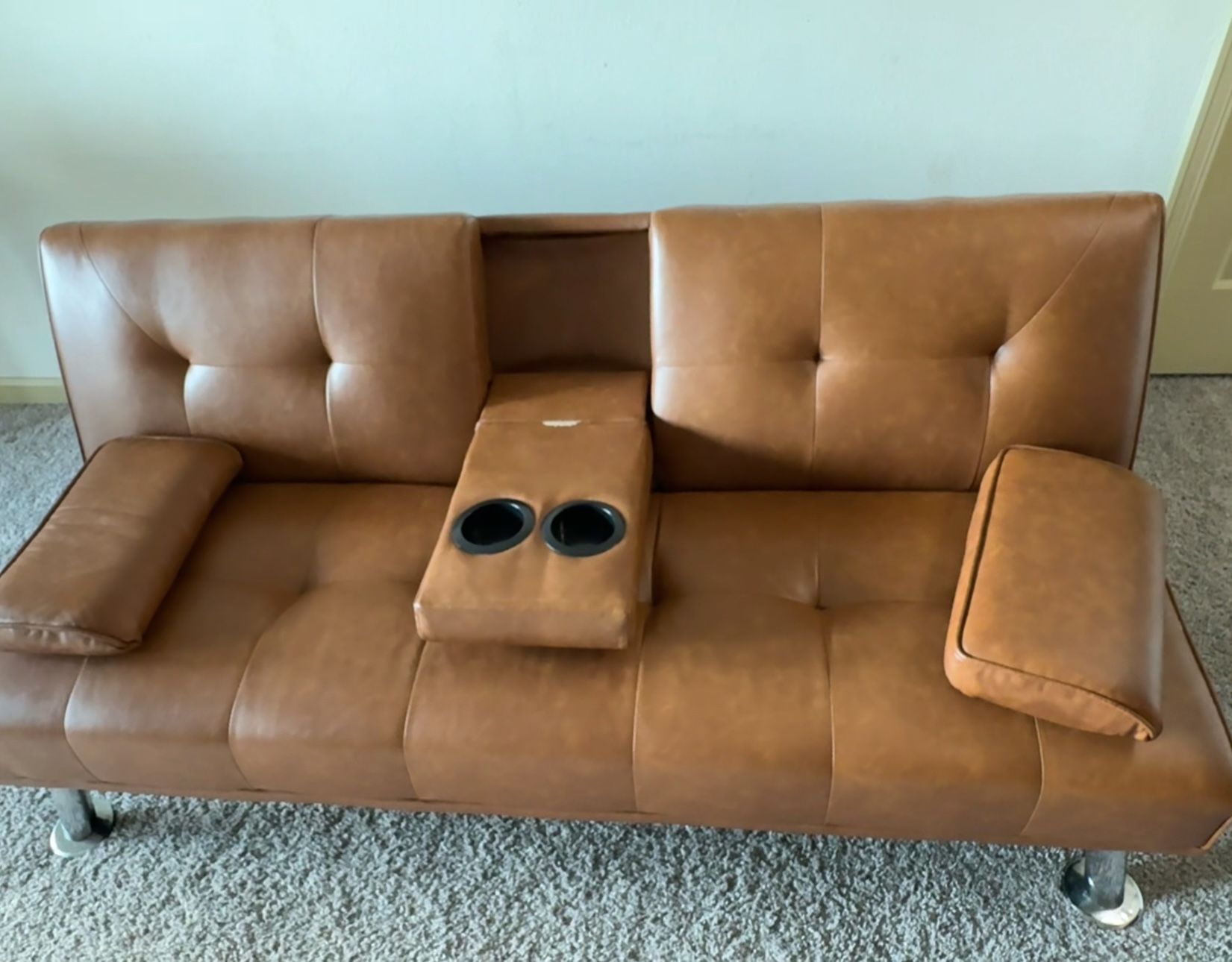 Brown Leather Sofa with Cup Holders in good condition, like new