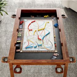 Solid Wood Board Game Table for 4-6 Players, 64.96"x38.39" Recessed Gaming Table Top, Removable Dining Top, Detachable Cup Holders, Convertible Game/D