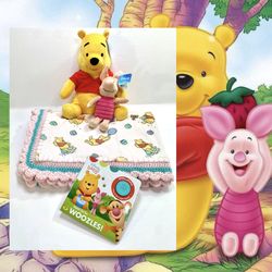 Disney Winnie the Pooh & Piglet Minky Sherpa Pink Crocheted Baby Blanket Set