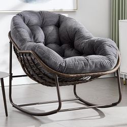 HOMEFUN Outdoor Patio Rocking Chairs, Oversized Papasan Rock Chair Indoor with Striped Velvet