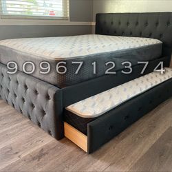 Full/Twin Gray Frenchi Tufted Trundle Beds W. Ortho Mattresses Included 