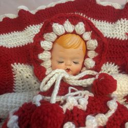 Crocheted Doll In Red Dress & Bonnet (12 in. doll)