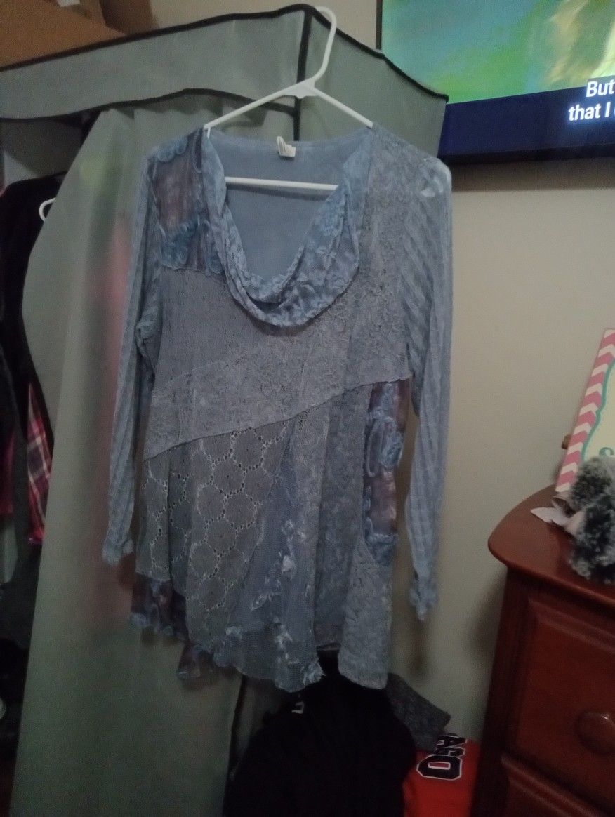 Blue Lace And Cowel Necked Very Light In Weight Blouse