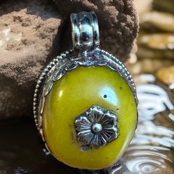 Elegant & Vintage Hand Carved Auspicious Bird & Floral Symbol Ethnic Tibetan Bakelite Pendant 1.75”in & 16grams