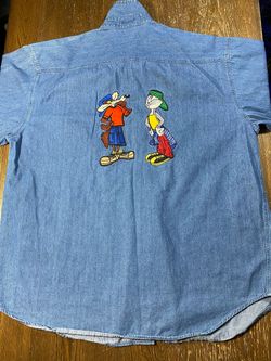 Vtg 90s Looney Tunes Denim Shirt Mens L Bugs Bunny Wile E Coyote Embroidered