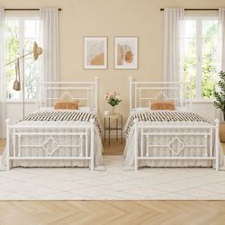 2pcs Twin Size Metal Platform Bed Frame, Vintage Victorian Style, Wrought Iron Headboard and Footboard/Mattress Foundation for Storage/No Box Spring R