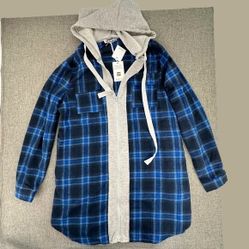 Grace Karin Womens Plaid Hoodie Top Zipper Closure Sweater Long Sleeve Blue Gray