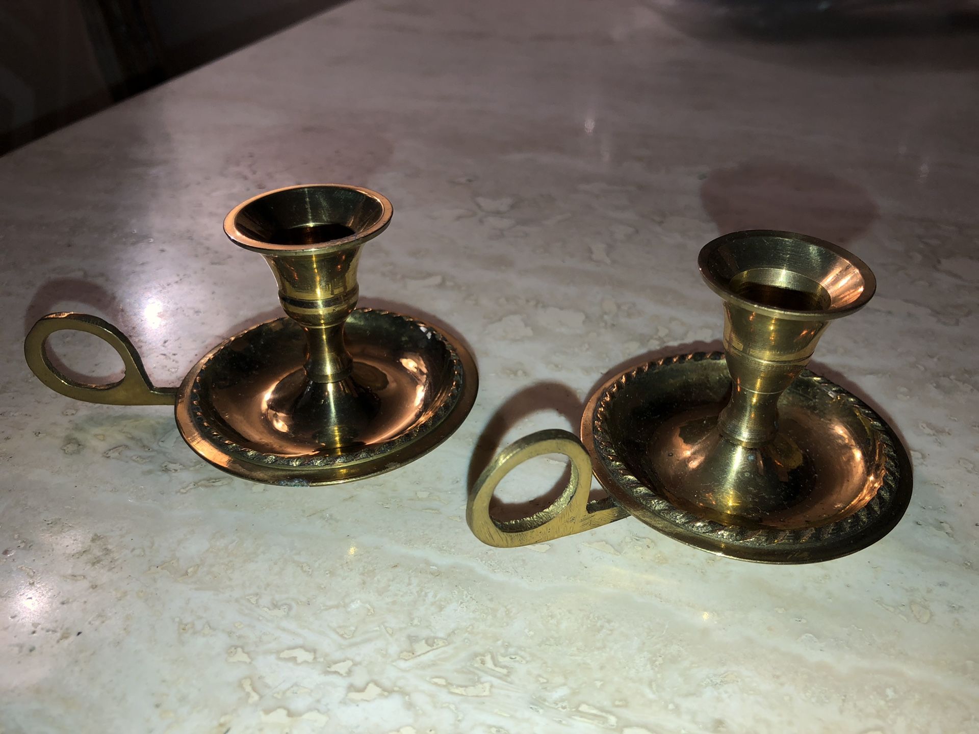 Vintage Solid Brass Candle Stick Holder Round Drip Dish w/ Finger Hold-3" tall by 5" wide