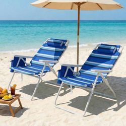 2pcs Folding Tall Beach Chair, Height 17″ Beach Chair W/ 5-Position Lay Flat,