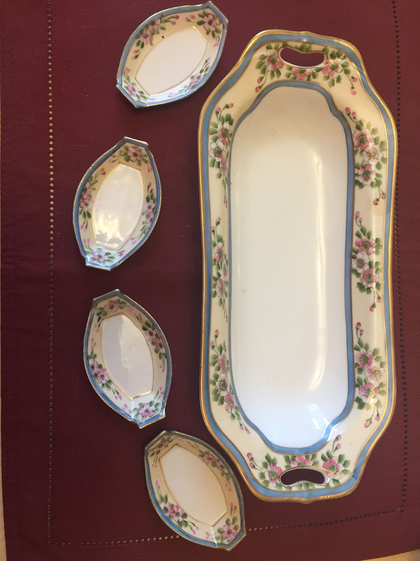 Antique Hand Painted Nippon Celery Dish with 4 salt cellars