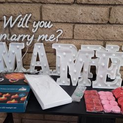 Marriage Proposal, Will You Marry Me Display set up.  Light up Letters, Luminaries