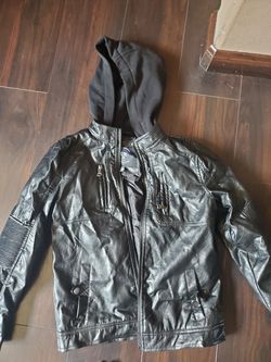 Kids Black Imitation Leather Jacket with Hoodie