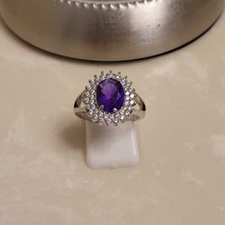 Silver CZ and Purple Topaz Ring Size 7