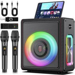 Karaoke Machine, Portable Bluetooth 5.3 Speaker with 2 Wireless Microphones for Adults, PA System with Pitch Correction & Echo Adjustment, Supports TW