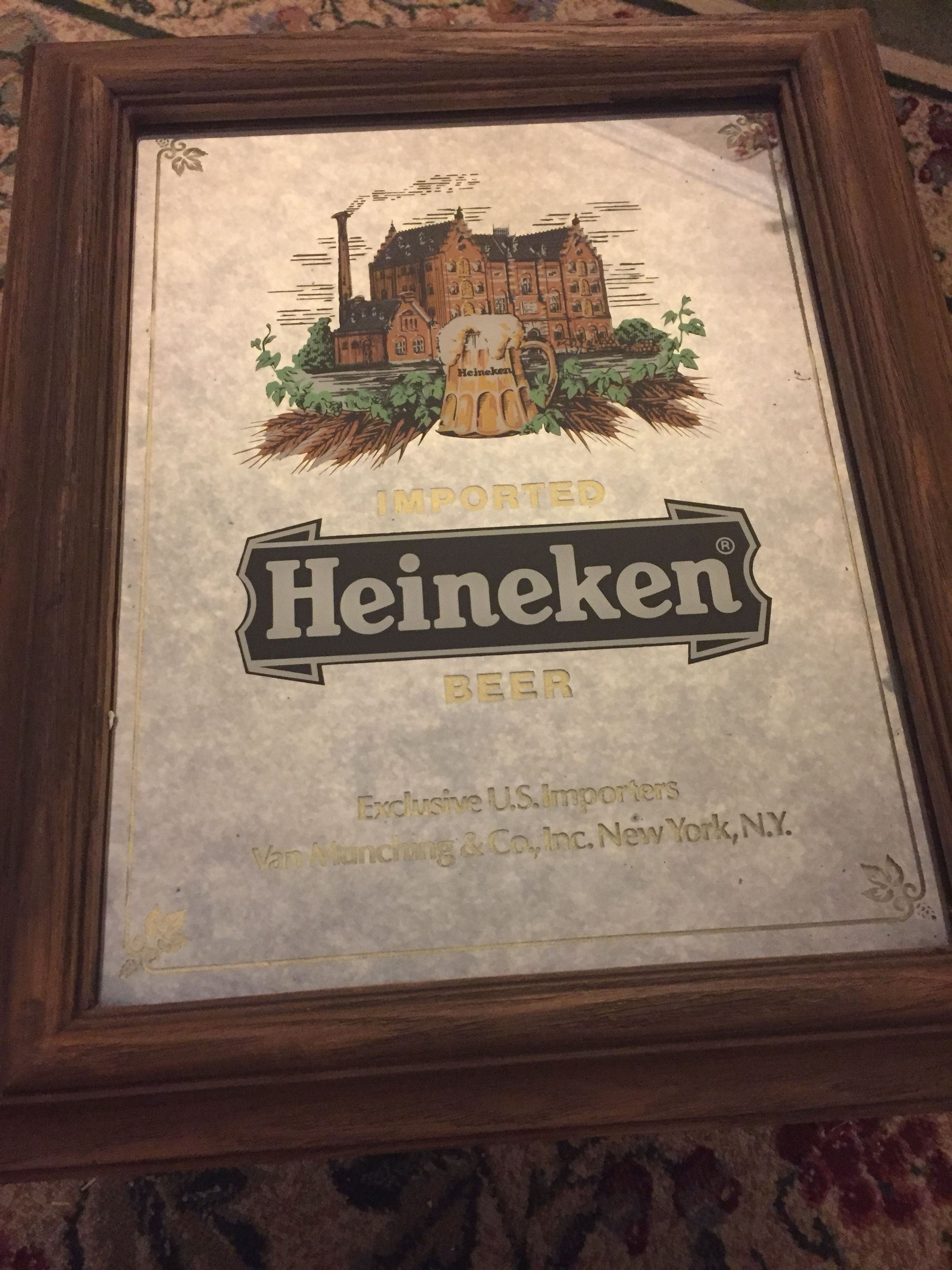 Vintage Imported Heineken Beer Faux Woodframed Glass Mirror Sign