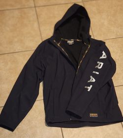 ARIAT REBAR LOGO SOFTSHELL JACKET MENS SIZE LARGE LG BLACK ALL-WEATHER FULL-ZIP WORK HOODIE COAT