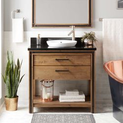 36" CELEBRATION CONSOLE VANITY FOR SEMI-RECESSED SINK - RUSTIC ACACIA SKU: 932356 36" Celebration Vanity Cabinet - Rustic Acacia With Mirror 