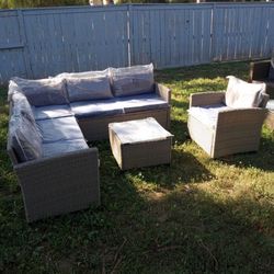 Blue gray cushions, patio chairs, patio sofa, outdoor furniture, outdoor patio furniture, site brand new