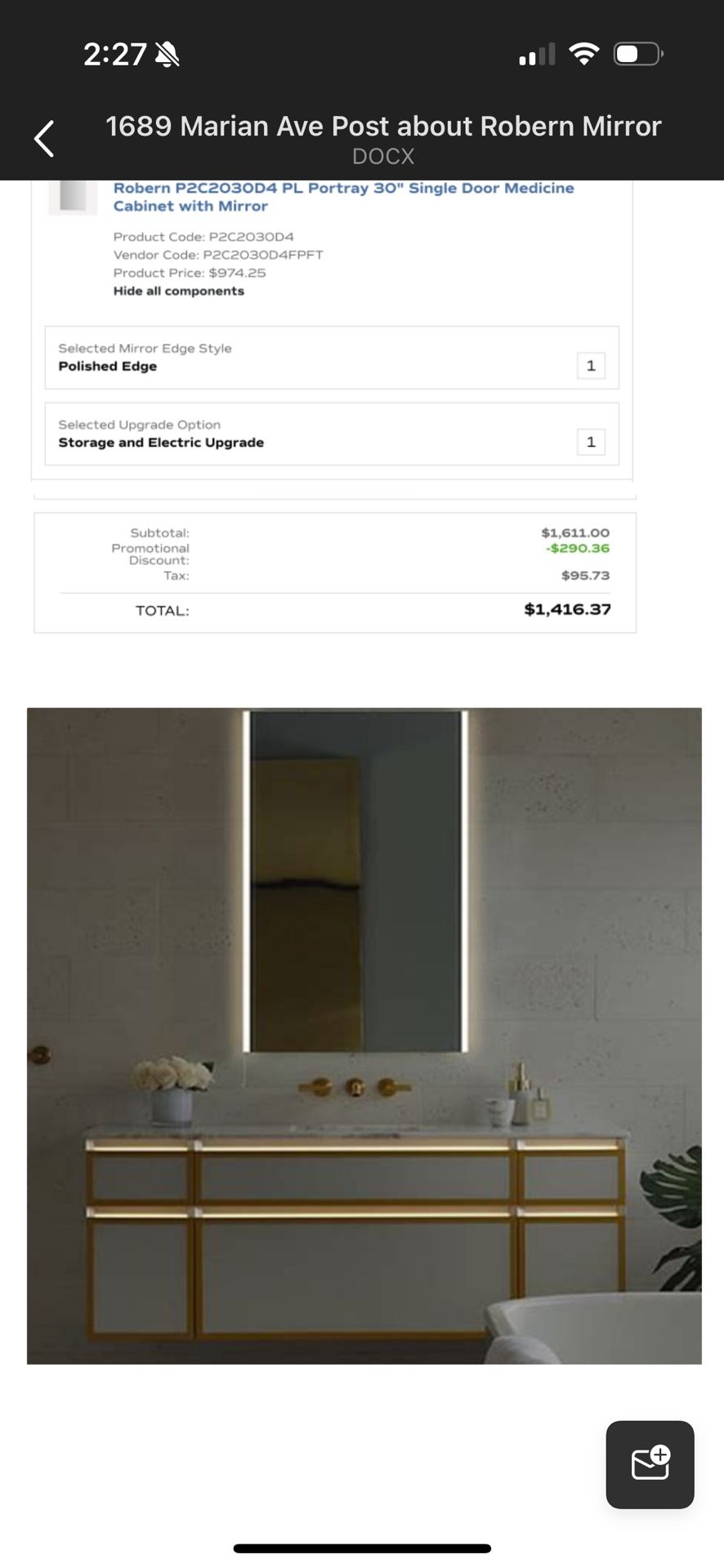 For Sale High End 30” Robern Mirror + Vesper Lighting