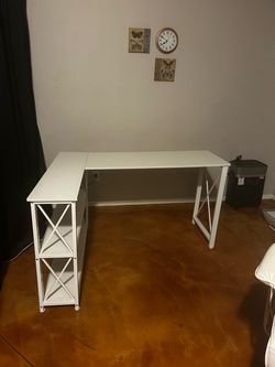 Modern White L-Shaped Corner Desk with 2-Tier Storage Shelves