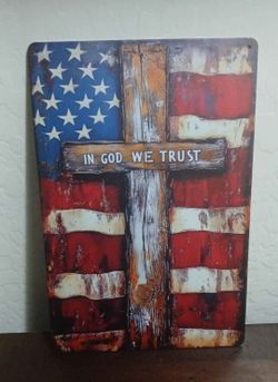 In God We Trust" Patriotic American Flag & Cross Aluminum Sign - 8x12in | Vintage Christian Wall Decor for Home, Church, Garage, Office 