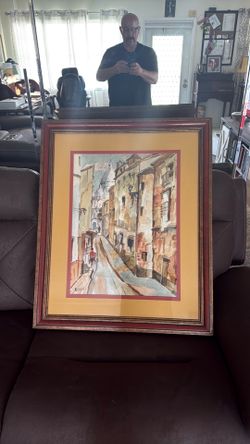 Original Signed Watercolor Painting — “Richter” — European Street Scene, Framed