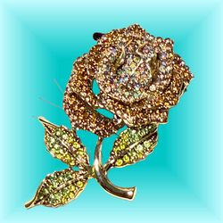 Vintage 2000s Multicolor Rhinestone Rose Brooch With Green Leaves, 1.5x2.25”