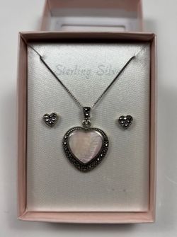 STERLING SILVER PINK HEART NECKLACE & EARRINGS SET