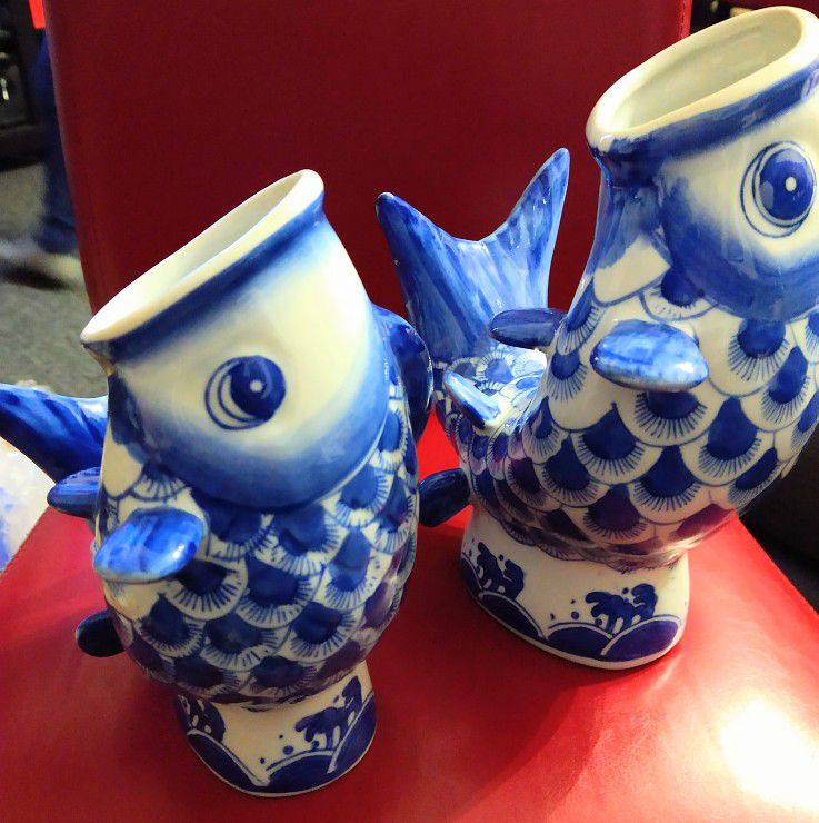Porcelain, Glazed, Koi Fish Vases/Decorative Art Sculptures