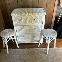 Small White Wicker Dresser With Two End Table/Stools