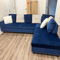 Brand New Blue Plush Velvet Upholstered L Shape Sectional Sofa | Pay After Delivery 