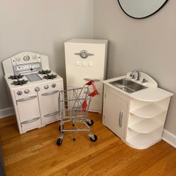 Pottery Barn Retro Kids 3 Piece Kitchen Set & Melissa & Doug Metal Shopping Cart