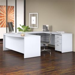 White U-Shaped Executive Office Desk with File Cabinet – Good Condition