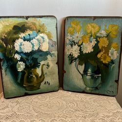 Pair of Vintage Original Signed Floral Paintings on Board