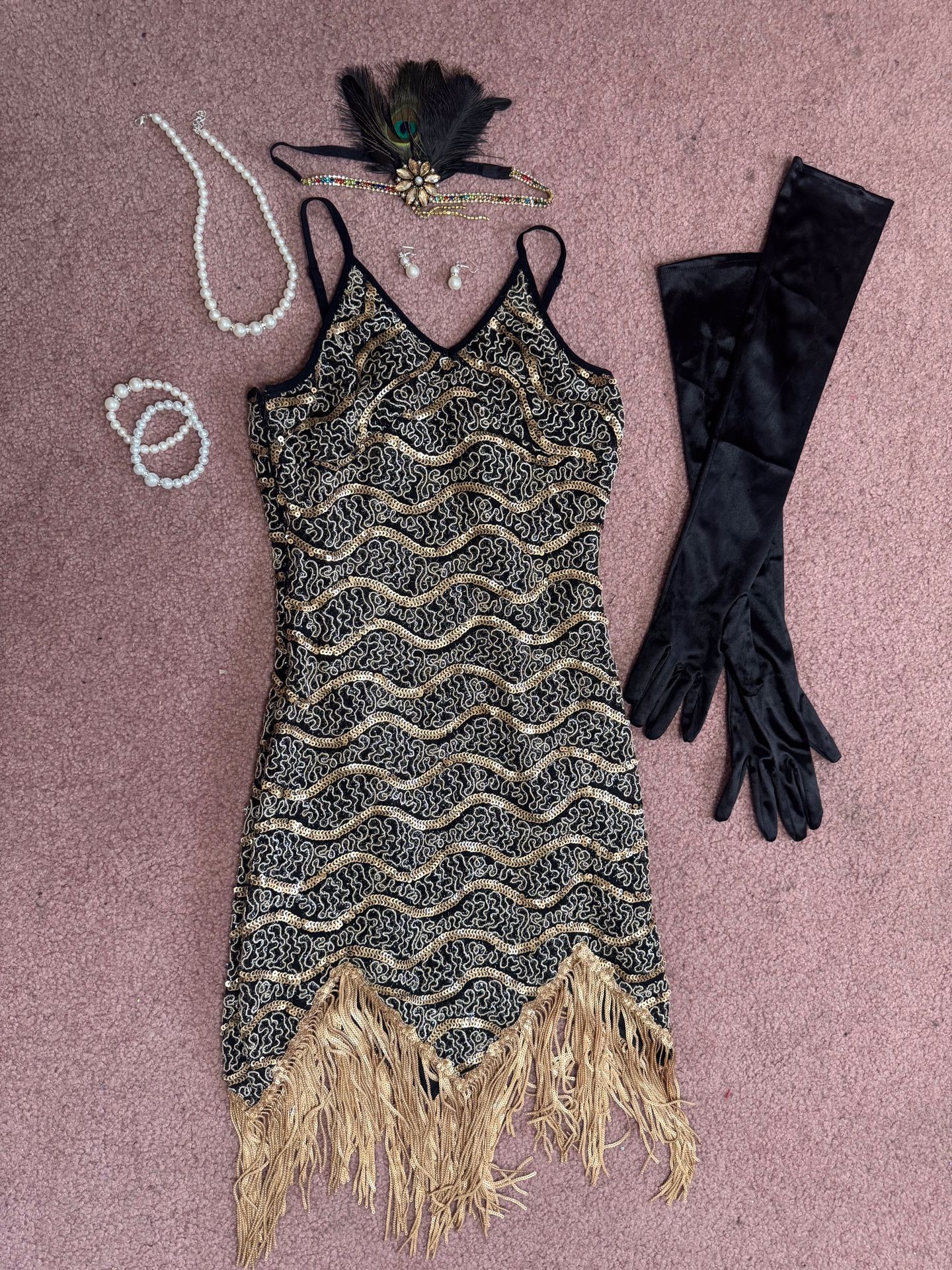 New small black fringe beaded sequin flapper costume dress accessories vintage