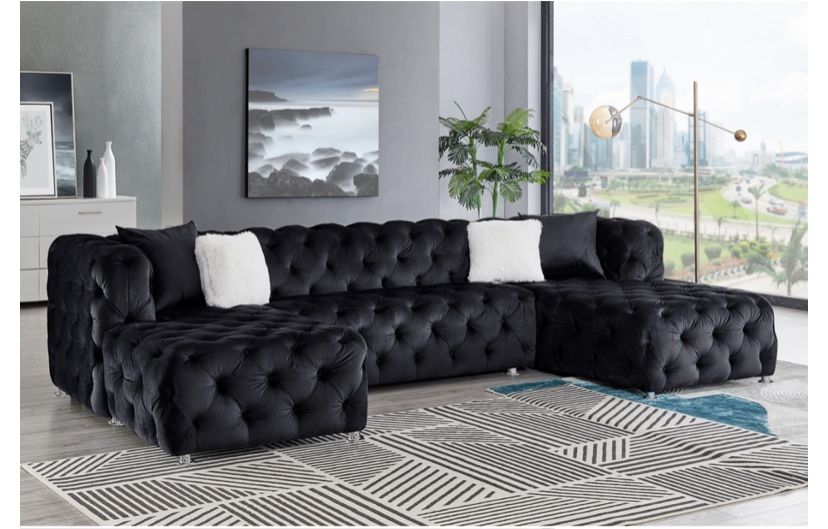 New Black Velvet Sectional Tufted U-Shaped 135x70