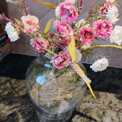 Glass Vase With Fake Flowers