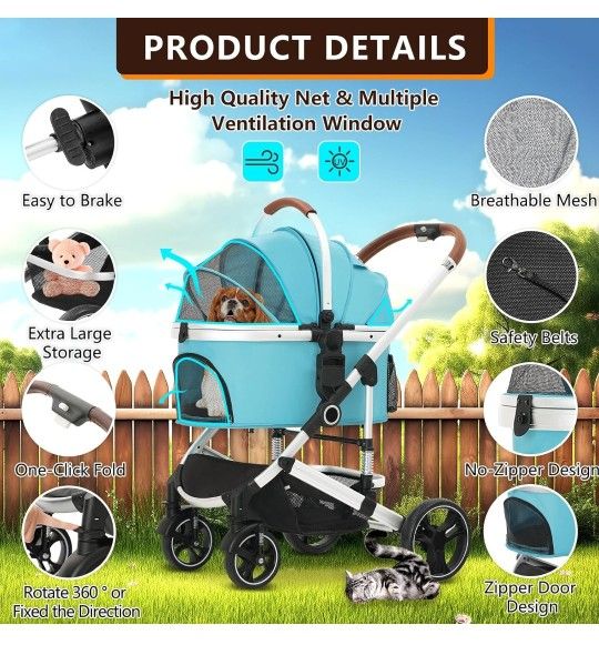 Ingborsa Pet Stroller 3 in 1 Folding Lightweight Dog Stroller with Detachable Carrier & Storage Basket, Premium 4 Wheels Travel Stroller for Puppies,