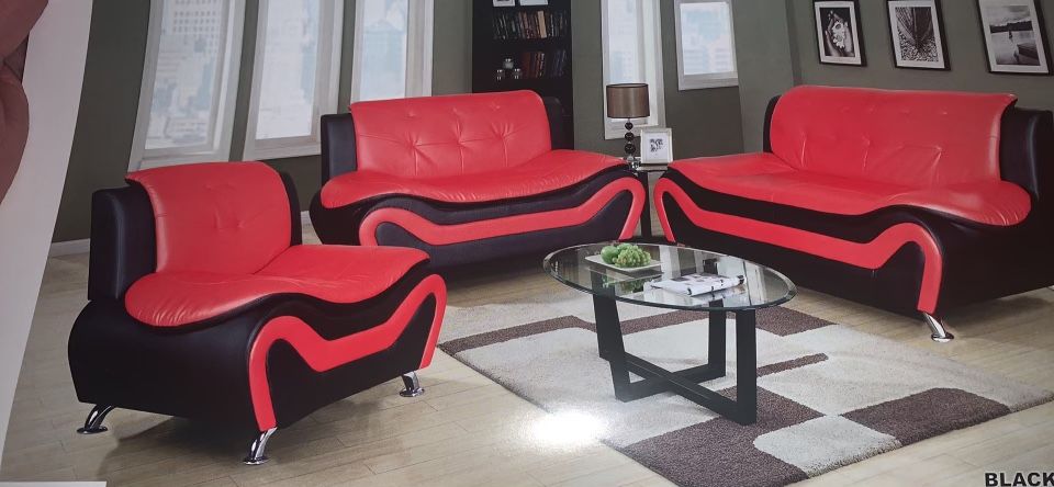 Red And Black Leather Modern Style 3 Piece Couch Set
