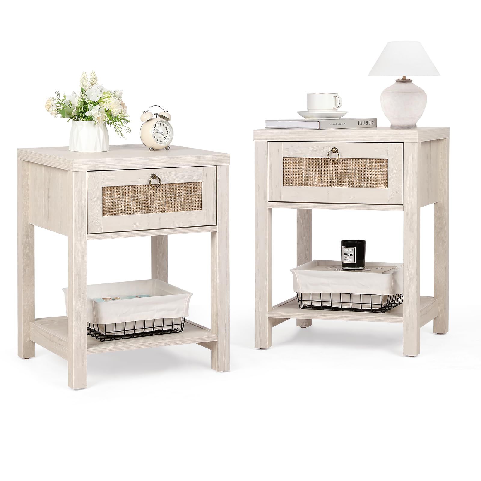 Rattan Nightstand Set of 2 – Farmhouse Bedside Tables with Drawer & Open Shelf, Boho Chic Wooden End Tables for Bedroom, Living Room, or Dorm