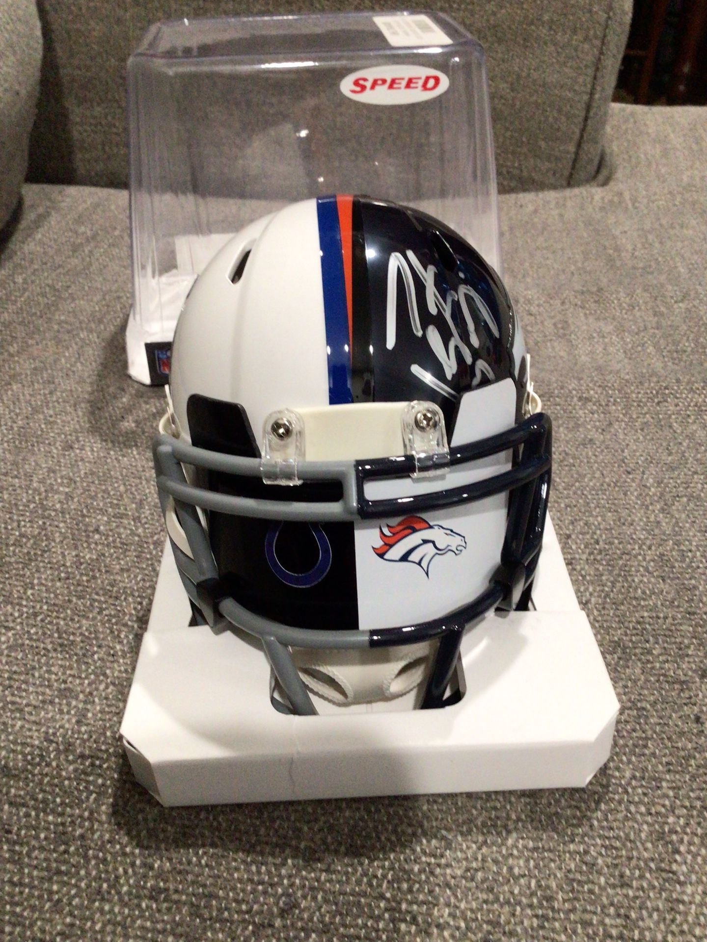 Peyton Manning Autographed RARE Split Broncos And Colts Mini Helmet With Custom Visor Fanatics Certified
