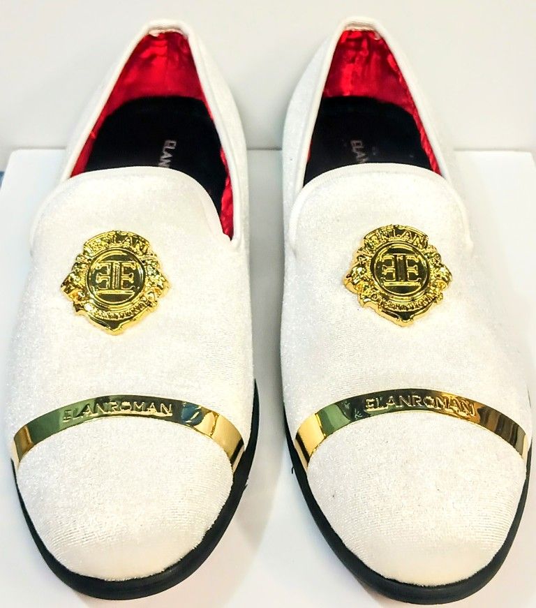 Luxury ElanRoman White Gold Loafers Mens Size 45 Elegant Dress Shoes