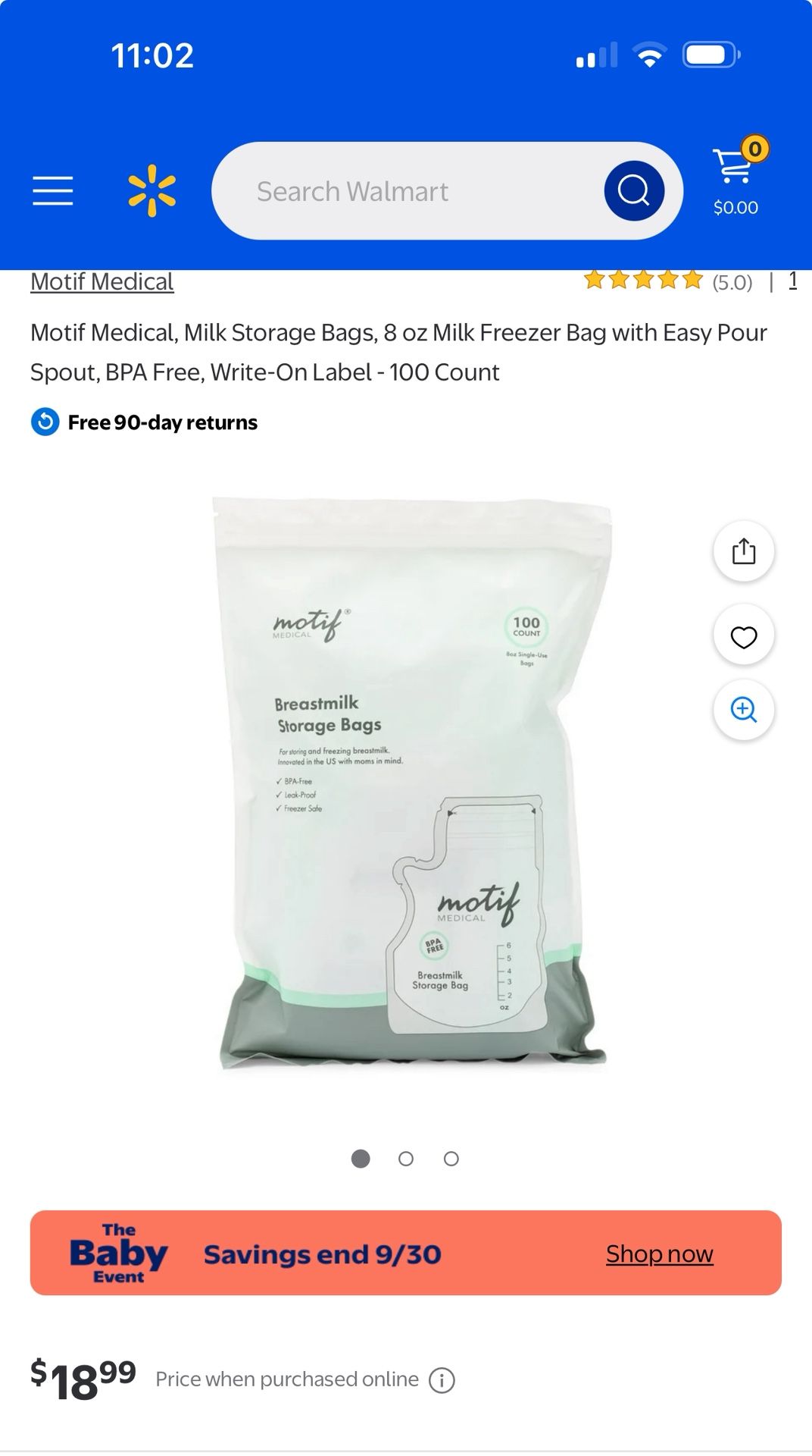 Motif Medical, Milk Storage Bags, 8 oz Milk Freezer Bag with Easy Pour Spout, BPA Free, Write-On Label - 100 Count