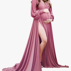 Maternity Gown Bishop Sleeves Baby Shower Dress Wrap Side Slit Sweetheart Maxi Photo Shoot for Photography