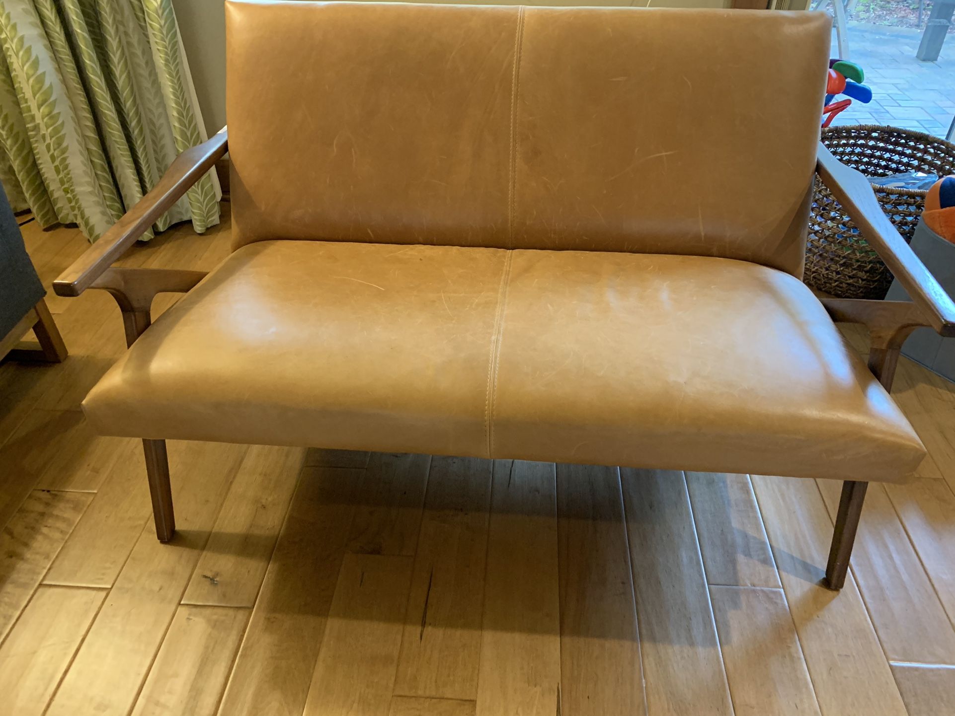 Crate & Barrel - Caveat Leather Wood Frame Loveseat- Mid century Modern Furniture