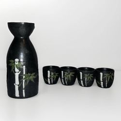 Porcelain Green Bamboo Silhouette Japanese Sake Rice Wine Flask And 4 TCups Set 