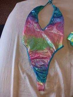 RAVE WEAR...Trendy Wendy Holographic Rainbow Halter One-Piece Swimsuit