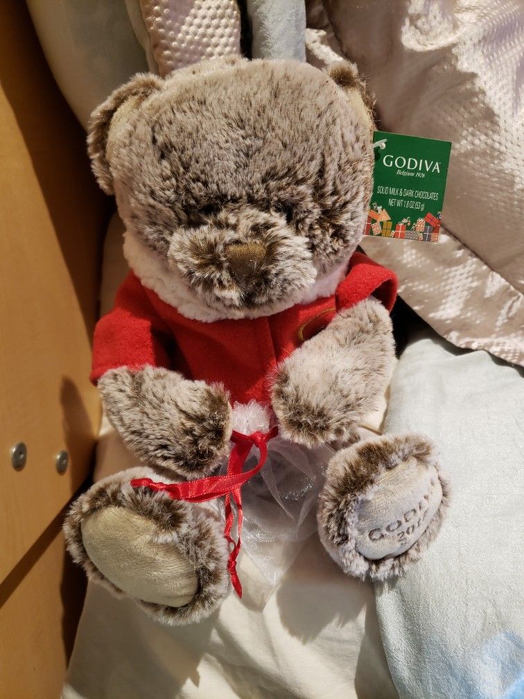 Godiva 2017 Holiday Gray Stuff Terry Bear With Red Jacket