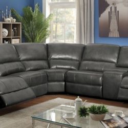 Brand New Grey Leather Super Plush Power Reclining Sectional Sofa 